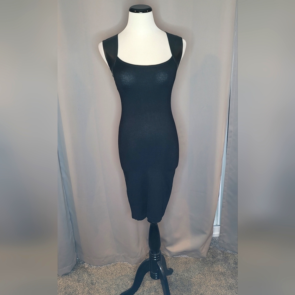 bebe black dress with vegan leather back and shoulders